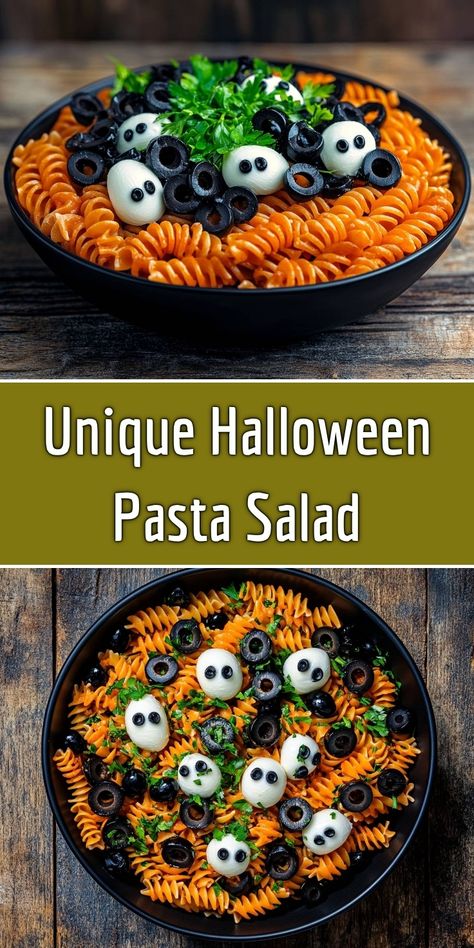 This Unique Halloween Pasta Salad is not only a feast for the eyes but also a delicious treat for your taste buds! Made with colorful rotini and spooky mozzarella ghosts, it's perfect for Halloween gatherings. Tossed with a zesty dressing and garnished with green parsley for a touch of freshness, this salad is both fun and flavorful. Get ready to impress your guests with this creative dish! Mozzarella Ghosts, Halloween Food For Party Dinners, Halloween Pasta Salad, Black Pasta, Halloween Pasta, Savory Meatballs, Spinach Artichoke Dip Recipe, Artichoke Dip Recipe, Yummy Fall Recipes