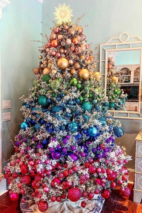 The Best Christmas tree ideas. Whether you love farmhouse, modern, rustic, elegant, simple or want something completely unique you are sure to find an idea here. #christmastree Ombre Christmas Tree, Best Christmas Tree Decorations, Best Christmas Tree, Lights Decorations, Christmas Tree Decorating Themes, Colored Lights, Tree Themes, Rainbows Christmas, Elegant Christmas Trees