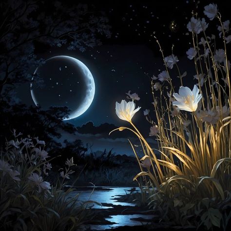 Artsy Pants, Moonlit Garden, Clyfford Still, Night Blooming Flowers, Night Garden, Night Scene, Blurred Background, Classical Art, Touch Of Gold