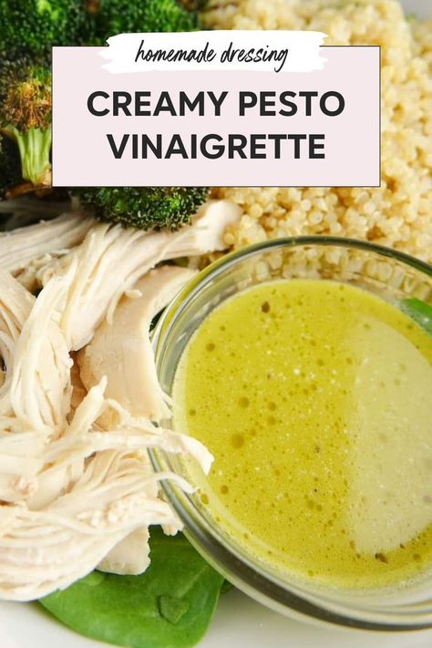 Try this creamy pesto vinaigrette dressing for a burst of flavor in your salads. This DIY vinaigrette dressing is a perfect basil salad dressing recipe that is both delicious and easy to make. Enjoy this simple creamy salad dressing as a healthy salad dressing option for your meals. Pesto Vinaigrette Dressing, Creamy Pesto Salad Dressing, Pesto Salad Dressing, Basil Vinaigrette Dressing, Healthy Vinaigrette, Pesto Vinaigrette, Salad Dressing Recipes Healthy, Pesto Salad, Pesto Dressing