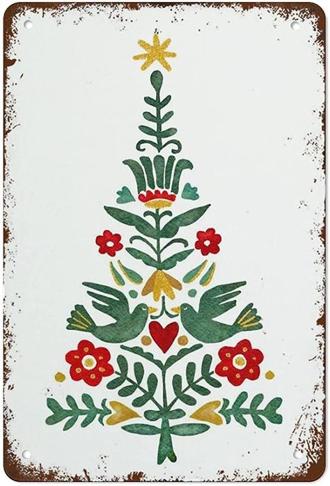 Norwegian Folk Art, Tree Christmas Decoration, Arte Folk, Watercolor Christmas Tree, Folk Art Flowers, Illustration Noel, Christmas Card Art, Swedish Christmas, Scandinavian Folk Art