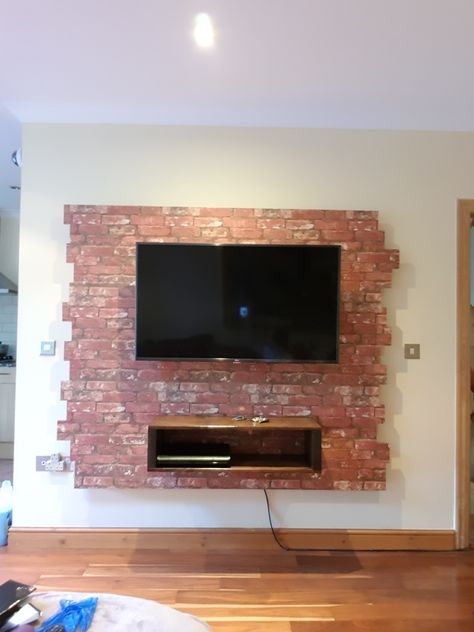 TV Wall, TV board, brick wall design, brick wall paper, tv shelf, tv backboard, diy, wall ideas, wall design, tv Red Brick Tv Wall Ideas, Wall Design Brick, Brick Tv Wall Ideas, Tv Backboard, Diy Wall Ideas, Brick Wall Tv, Brick Wall Living Room Ideas, Living Room Ideas With Tv, Paper Tv