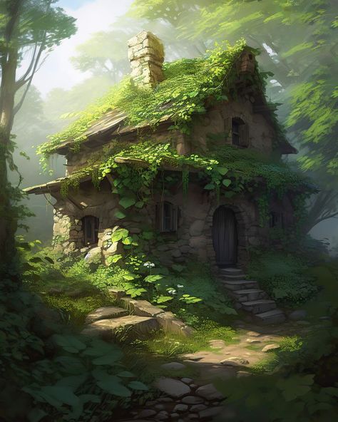 Dnd Environment Art, Fey Village, Fantasy Forest House, Enshrouded Build, Fae Village, Fantasy Setting Village, Elven House, Elven Village, Ruined House