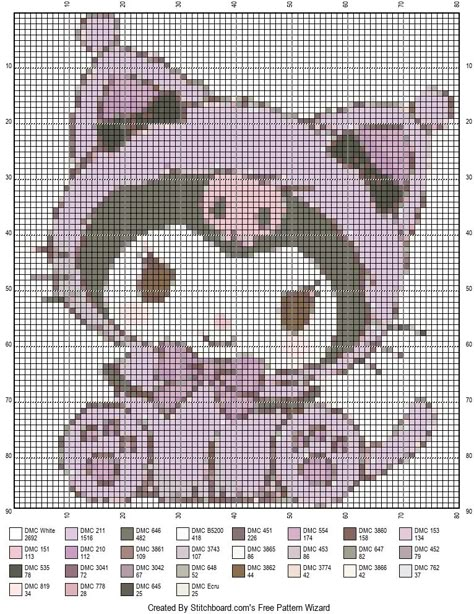 Cute Hello Kitty Pixel Art, Kuromi Tapestry Crochet, Kuromi Cross Stitch Pattern, Kuromi Cross Stitch, Sanrio Cross Stitch, Kawaii Cross Stitch, Grid Patterns, Dragon Cross Stitch, Graph Crochet