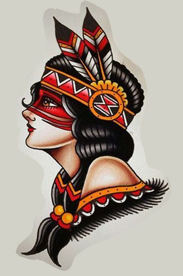 Native American Pinup Tattoo, American Traditional Indian Tattoo, Indian Traditional Tattoo, Traditional Tattoo Native American, Traditional Indian Tattoo, Traditional Tattoo Indian, Red Indian Tattoo, American Traditional Flash, American Traditional Tattoo Design