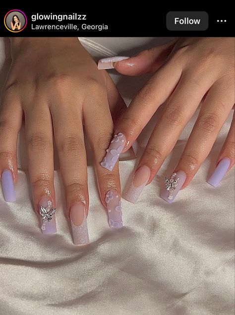 Light Purple Quince Nails, Lilac And Silver Nails, Light Purple Nail Designs, Lavender Acrylic Nails, Quinceanera Aesthetic, Nail Claws, Shower Nails, Idol Makeup, Baby Shower Nails