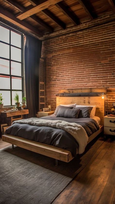 Industrial Boho Bed, Rustic Industrial Bed, Brick Loft Living Room, Vintage Industrial Bedroom Ideas, Loft Apartment Bedroom Ideas, Urban Loft Bedroom, Industrial Style Bedroom Ideas, Brick Wall Interior Bedroom, Brick Wall Bedroom Ideas