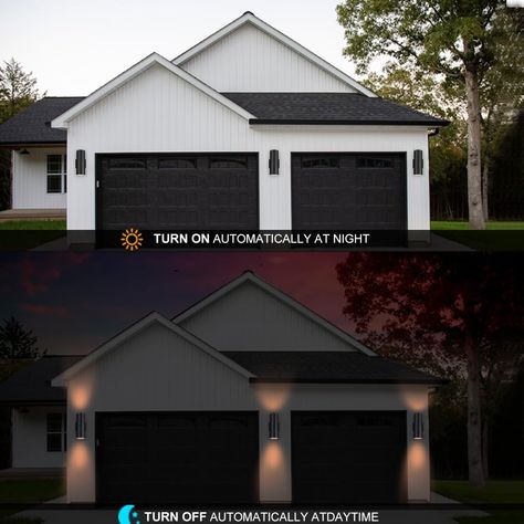 Exterior Down Lighting On House, Outside Garage Lights, Garage Lights Exterior, Outside Lights On House, Exterior House Lights, Exterior Wall Light Fixtures, Exterior Garage Door, Garage Door Lights, Outdoor Garage Lights