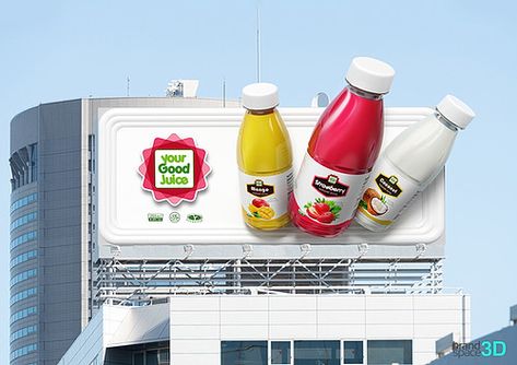 3d Billboard Design, Creative Billboard Design Ideas, 3d Billboard, Outdoor Advertising Billboard, Juice Ad, Branding Identity Inspiration, Floor Graphics, Juice Branding, Billboard Advertising