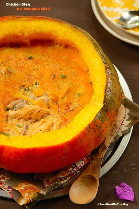 Chicken Stew in a Pumpkin Shell (Frango na Moranga) Stew In A Pumpkin, Creamy Chicken Stew, Pumpkin Stew, Stew Chicken Recipe, Roasted Pumpkin, Thanksgiving Leftovers, Cheese Topping, Chicken Stew, Brazilian Food