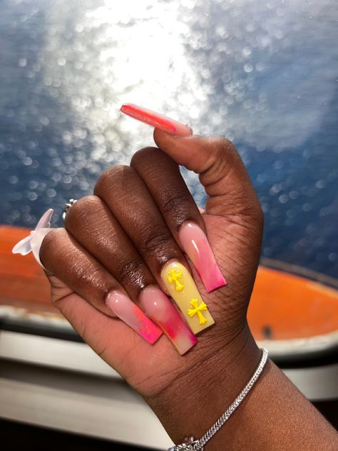 Long pink and yellow acrylic nails Spring Time Nails, Yellow Acrylic Nails, April Aesthetic, Time Nails, Summer Acrylic, Summer Acrylic Nails, Bling Nails, Pink And Yellow, Fashion Nails