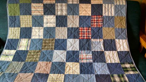 Repurposed denim and shirt quilt. Memory Quilts From Clothes Men Dads Flannel Shirts, Flannel Shirt Pillow Memory Quilts, Blue Jean And Flannel Quilt, Flannel And Denim Quilt, Flannel Whole Cloth Quilt, Blue Jean Quilts, Jean Quilt, Flannel Quilts, Plaid Quilt