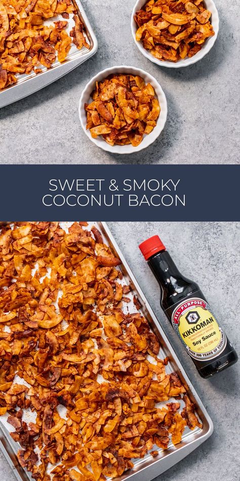 Coconut Bacon | A vegan diet doesn’t mean you have to miss out on bacon flavor! This meatless bacon alternative uses coconut flakes, maple syrup, Kikkoman® Soy Sauce, and liquid smoke to create flavor that’s so close to the original. Serve your coconut bacon for breakfast with tofu eggs and skillet potatoes, or add to vegan BLT sandwiches, pasta dishes, or meal-sized salads, like a vegan Caesar salad. Sprinkle on top of sweet waffles or creamy ice cream for a salted kick! #Kikkoman Tofu Eggs, Sweet Waffles, Blt Sandwiches, Vegan Blt, Vegan Blt Sandwich, Vegan Caesar Salad, Creamy Ice Cream, Vegan Caesar, Coconut Bacon