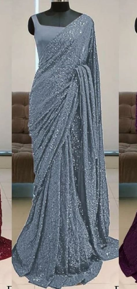 Saree Prom Dress, Prom Saree Ideas, 10th Farewell Sarees, Prom Saree, Moonlight Saree, Satin Saree Party Wear, Sequin Blouse Designs, Glitter Saree, Farewell Saree