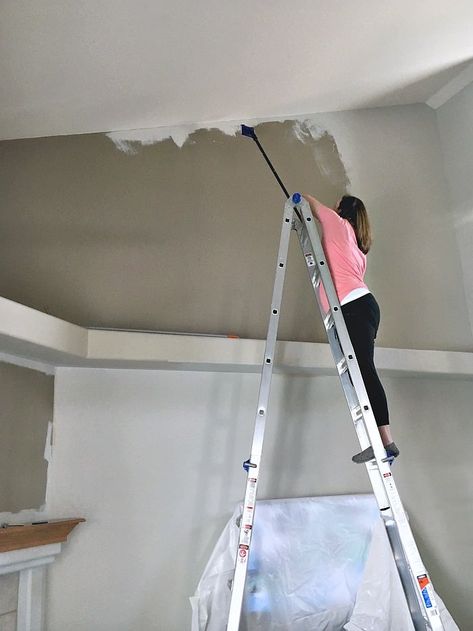 the easiest way to paint tall walls Behr Sculptor Clay, Wood Plank Ceiling, Easy Home Improvement Projects, Plank Ceiling, Easy Home Improvement, Home Improvement Loans, Tray Ceiling, High Walls, Home Repairs