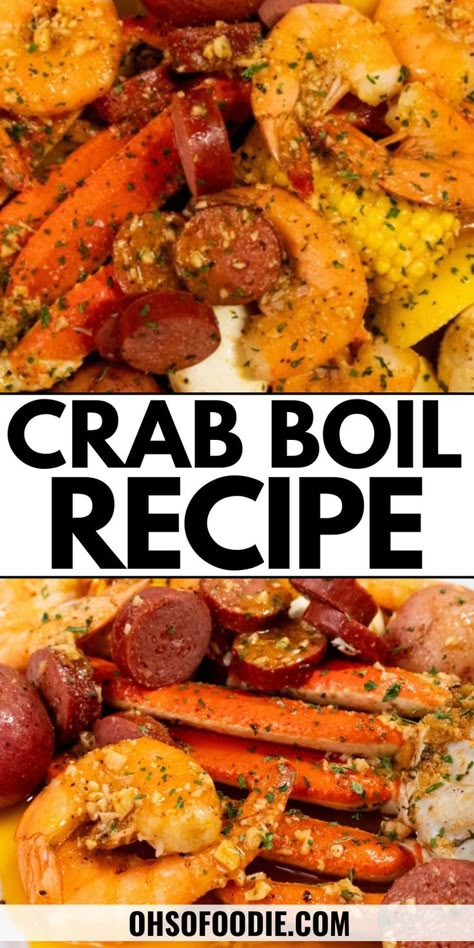 Text reads Crab Boil Recipe Crab Leg Seafood Boil, Keto Crab Boil, Cajun Shrimp And Crab Boil, Zatarans Crab And Shrimp Boil, Zatarains Crab Boil Recipe, King Crab Boil Recipe, Shrimp And Crab Legs Recipes, How To Make A Crab Boil, Juicy Crab Boil Recipe