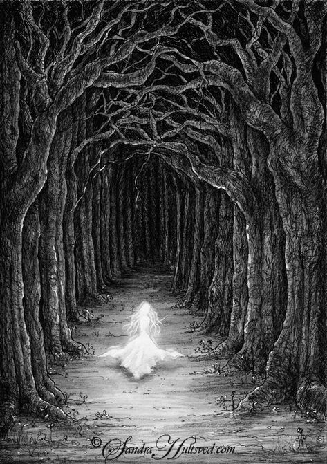 Whisper by SandraHultsved.deviantart.com on @deviantART Scary Woods, Forest Drawing, Wood Illustration, Tree Drawings Pencil, Spooky Trees, Forest Illustration, Chalk Pastels, Tree Drawing, Creepy Art