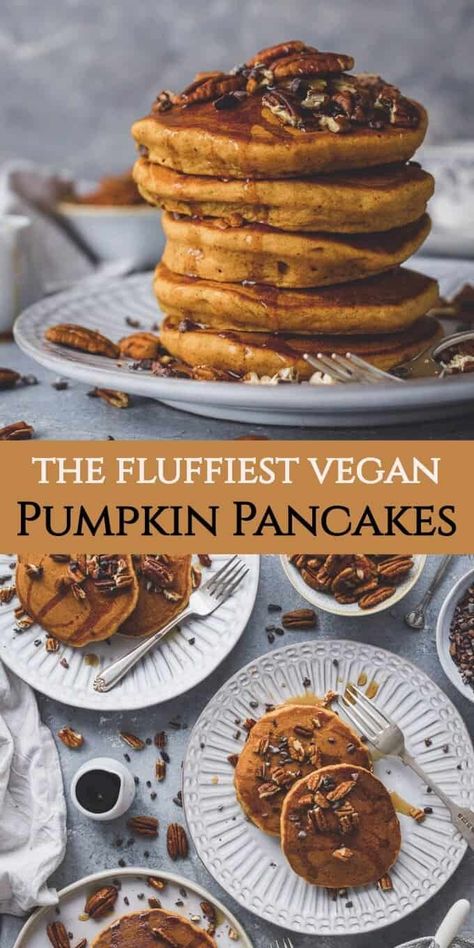 Vegan pumpkin pancakes - super fluffy, lightly spiced, easy to make and utterly delicious; these pancakes are perfect for a cozy Autumn breakfast. #vegan #pumpkin #pumpkinspice #pancakes #brunch #veganbreakfast Dairy Free Pumpkin Recipes, Sweet Potato Pancakes Vegan, Healthy Fall Breakfast, Vegan Pumpkin Pancakes, Banana Diaries, Budget Vegan, Autumn Breakfast, Vegan Pancake, Pumpkin Chili Recipe