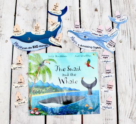 Perfect craft for "The Snail and the Whale" by Julia Donaldson and Axel Scheffler: a summertime reading adventure for exploring the world, and reminding ourselves that we no matter our size, we can do BIG things.
Read aloud  "The Snail and the Whale" or watch MaiStoryBook's FREE interactive read aloud video. Encourage students to create their own Whale and Snail crafts to record what BIG things they can do and/or what Amazing sites they've seen in the world around them.

Youtube: MaiStoryBook The Snail And The Whale Activities Eyfs, Snail And The Whale Activities, Snail Crafts, The Snail And The Whale, Whale Craft, Whale Party, Snail And The Whale, Whale Crafts, Axel Scheffler