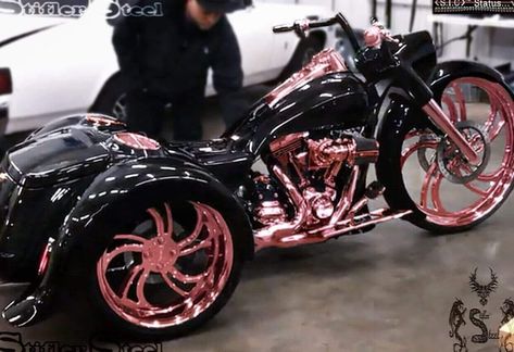 Custom Harley Trikes, Three Wheel Motorcycle, Three Wheel Motorcycles, 3 Wheel Motorcycle, Pink Motorcycle, Custom Motorcycles Bobber, Harley Davidson Trike, Custom Motorcycles Harley, Bagger Motorcycle