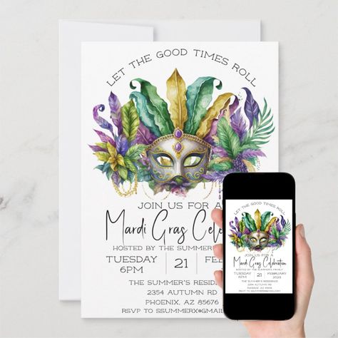 Mardi Gras Celebration Watercolor Mask  Invitation  Zazzle Mardi Gras Dinner Party, Mardi Gras Dinner, Mask Invitations, Mardi Gras Invitations, Mardi Gras Party Ideas, Dinner Party Invite, Mardi Gras Party, The Carnival, Party Invite