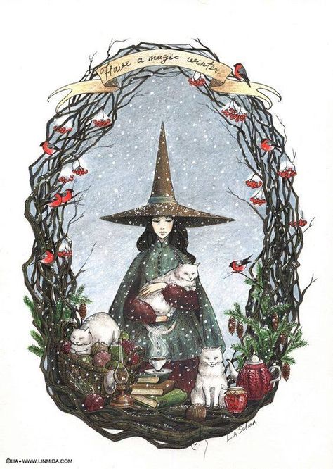 Pagan Yule, Cat Art Illustration, 22 December, Tassen Design, Witch Art, Cats Illustration, A Witch, Winter Solstice, Halloween Art