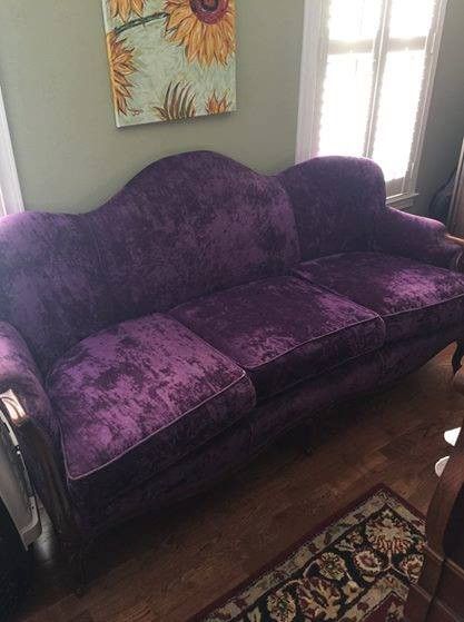 Purple couch! Purple And Red Living Room, Whimsigoth Couch, Purple Velvet Couch, Purple Goth Living Room, Velvet Purple Couch, Purple Goth Furniture, Sofa Grey Purple Velvet, Small Cozy Purple Sectional, Plum Walls