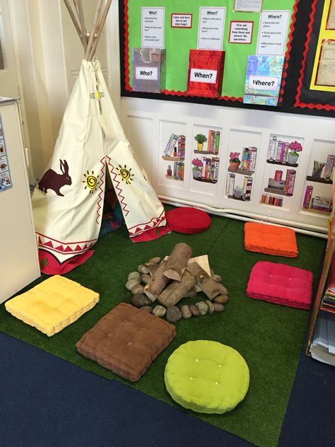 Reading corner KS2 Book Corner Classroom, Reading Corner Classroom, Reading Areas, Camping Kids, Reading Display, Camping Theme Classroom, Reading Corners, School Door Decorations, Book Corner