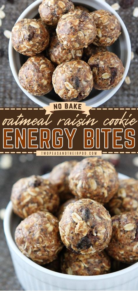 No-Bake Oatmeal Raisin Cookie Energy Bites, easy back to school recipes, healthy snack ideas High Protein Energy Balls, Easy Energy Bites, Easy Oatmeal Raisin Cookies, Protein Energy Balls, Oatmeal Energy Bites, Oatmeal Bites, Oatmeal Raisin Cookie, Raisin Cookie, No Bake Energy Bites