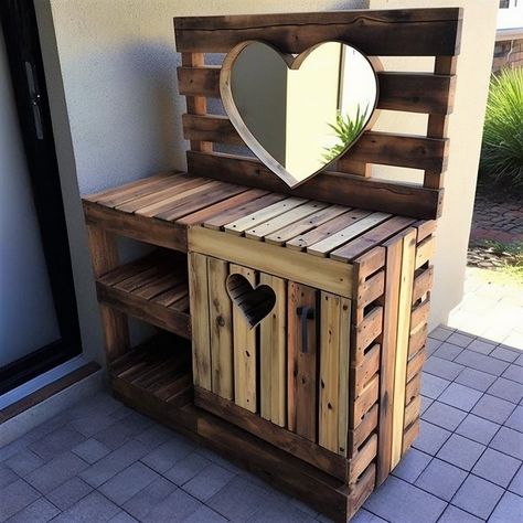 Vanity Diy Bedroom, Pallet Vanity, Diy Pallet Vanity, Pallet House Plans, Diy Vanity Table, Things To Experience, Pallet Furniture Ideas, Repurpose Pallets, Weathered Wood Finish