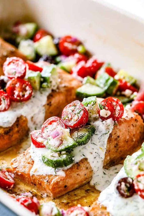 Salmon With Yogurt Sauce, Salmon And Greek Yogurt, Caloric Density Foods, Salmon Side Dishes Ideas Healthy, Upscale Fish Recipes, Recipes Using Tzatziki, Medditeranean Salmon, Baked Salmon With Dill Sauce, Herb Salmon Recipes