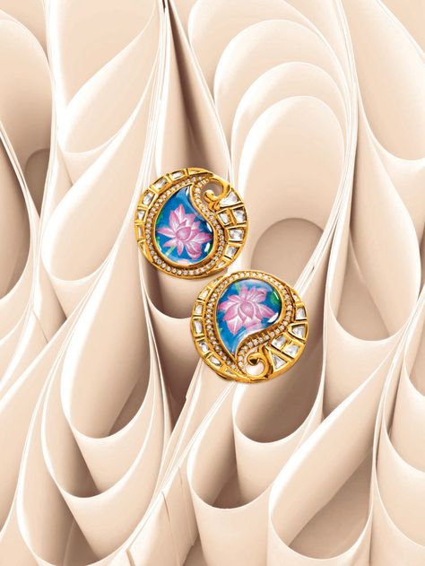 Zoya lotus and ambi (paisley) inspired earrings in yellow gold with polki diamond and enamel work Kundan Design, Marriage Jewellery, Enamel Jewellery, Vishnu Wallpapers, Ear Accessories, Pendant Sets, Art Jewelry Design, Antique Jewelry Indian, Fancy Rings