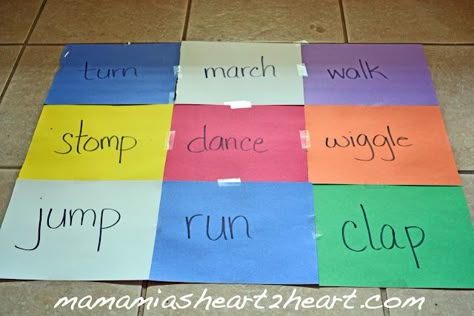 "Fun with ACTION Words", could also do "action hopscotch" and use a beachball and do whatever action your hand lands on!!! R.ES.2.4 & R.ES.5.2 Gross Motor Activities, Sport Craft, Movement Activities, Action Words, English Activities, Mama Mia, Preschool Games, Preschool Learning Activities, Gross Motor