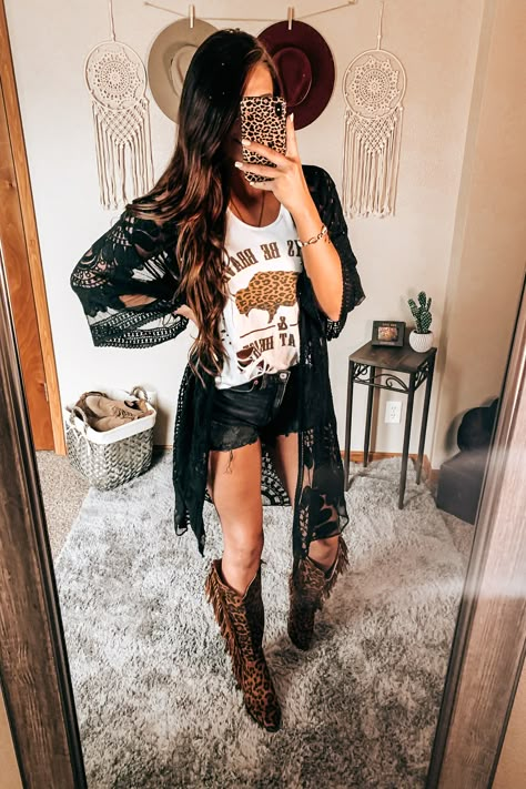 Leopard, Duster, Shorts Sheer Kimono Outfit Summer, Duster With Shorts Outfit, Lace Kimono Outfit Country, Pants Country Concert Outfit, Cowboy Concert Outfits For Women, Westerns Outfits, Plus Size Rodeo Outfits For Women, Boho Cowgirl Style Western Chic, Temu Outfits