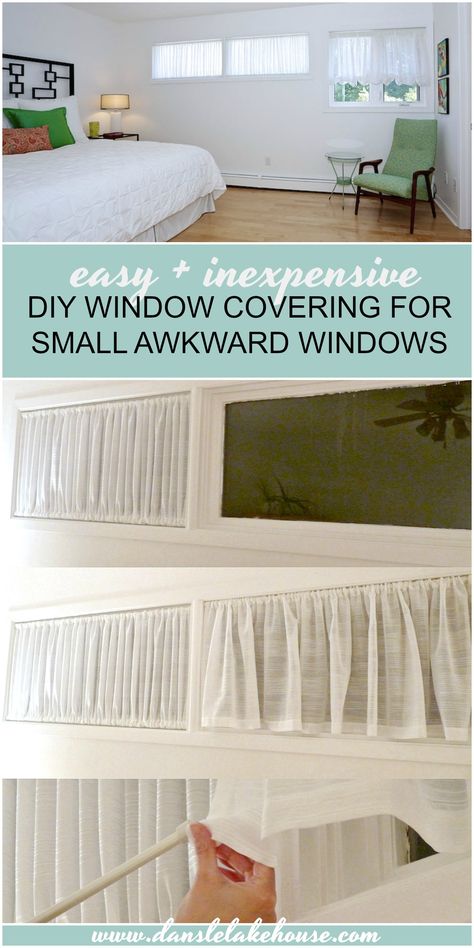 DIY Window Covering for Awkward Windows | Ruched Curtain DIY Window Covering For Basement Windows, In Window Curtains, Small High Window Treatments, Window Treatments For Small Windows, Small Windows Curtains, Small Window Ideas, Small Window Bedroom, Basement Window Coverings, Basement Window Curtains