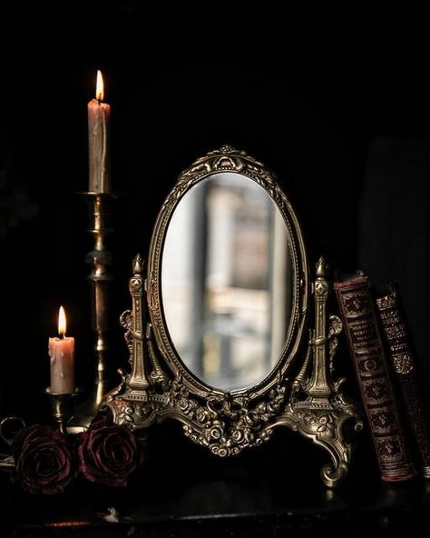 Botanical Goth, Gothic Vanity, Victorian Gothic Home Decor, Gothic Manor, Villain Arc, Gothic Mirror, Victorian Room, Mirror Aesthetic, Roses Book