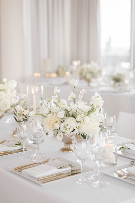 Lowndes Grove Wedding, White Wedding Decorations, Wedding Table Designs, White Centerpiece, White Wedding Theme, All White Wedding, Rooftop Wedding, Wedding Table Flowers, Wedding Reception Tables