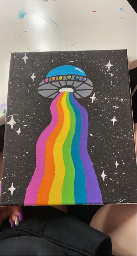 Pride Painting Ideas On Canvas, Easy Asthetic Paintings, Neon Painting Ideas Easy, Ufo Painting, Cafe Logos, Uv Painting, Black Background Painting, Art Markers Drawing, Diy Canvas Art Easy