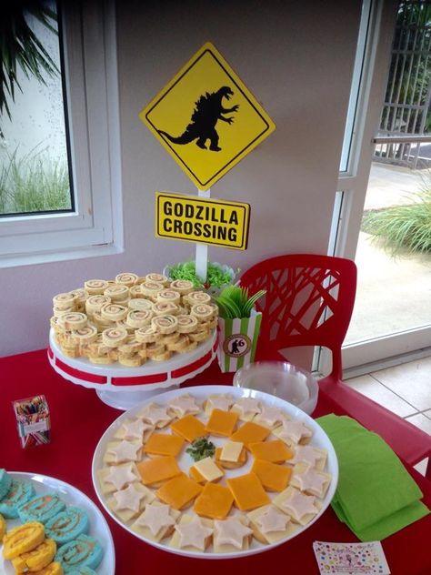 Godzilla Birthday Party Food, Godzilla Birthday Party Decorations, Boys Birthday Party Games, Felix Birthday, Godzilla Party, Godzilla Birthday Party, Godzilla Birthday, 6 Birthday, Tenth Birthday