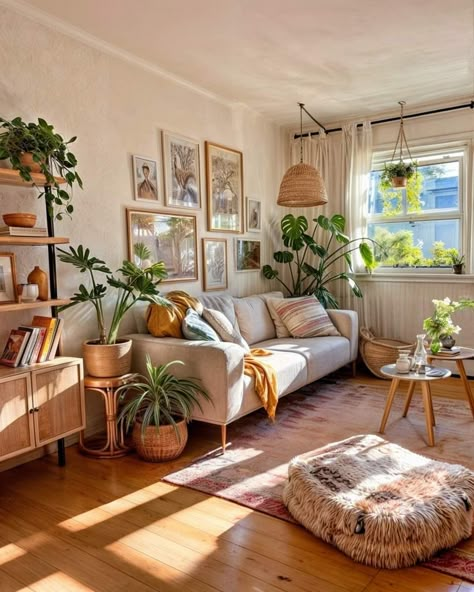 Apartment Aesthetic Boho, Cozy Plant Living Room Aesthetic, Cozy Living Room Plants, Earthy Home Decor Boho Style Living Room, Boho Living Room Aesthetic, Boho Decor Apartment, Apartment Inspiration Boho, Boho Home Aesthetic, Apartment With A Lot Of Plants