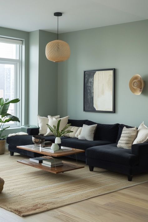 Discover 39+ Ways to Create a Refreshing Blue and Green Living Room Dark Blue Sectional, Living Room Decor Green Walls, Blue Green Walls, Sage Living Room, Blue Upholstered Chair, Green Living Room Ideas, Blue And Green Living Room, Blue Walls Living Room, Family Room Remodel