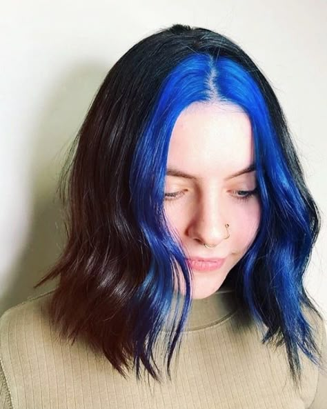 Blue Hair In Front Only, Blue Black Shoulder Length Hair, Electric Blue Money Piece Hair, Black Hair With Blue Front Pieces, Blue Front Pieces Of Hair, Blue Hair Front Pieces, Black Hair Blue Money Piece, Blue Curtain Bangs, Money Piece Hair Blue