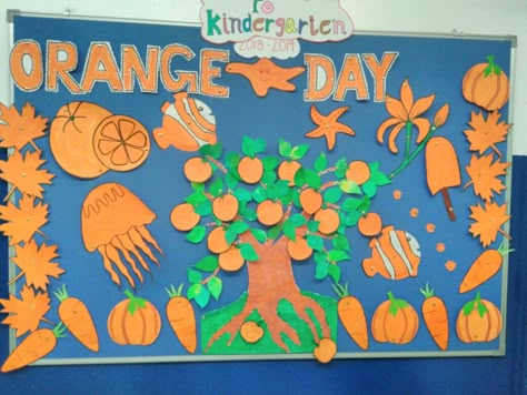 Orange Colour Decoration In School, Orange Colour Day Decoration In School, Orange Colour Day Crafts For Kids, Orange Day Crafts For Preschool, Orange Bulletin Board Ideas, Orange Day Activities Preschool, Orange Colour Activity For Preschool, Orange Colour Day Celebration In School, Orange Colour Day Activities For Kids