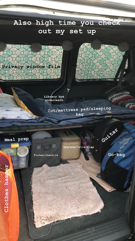 Living the summer in the mountains in my minivan- here’s how I set it all up Living Out Of Car, Road Trip Set Up In Car, Small Car Living, Living In Minivan, Minivan Decoration Ideas, Road Trip Car Set Up, Living In Car Hacks, Camping In Minivan, Camping In A Minivan