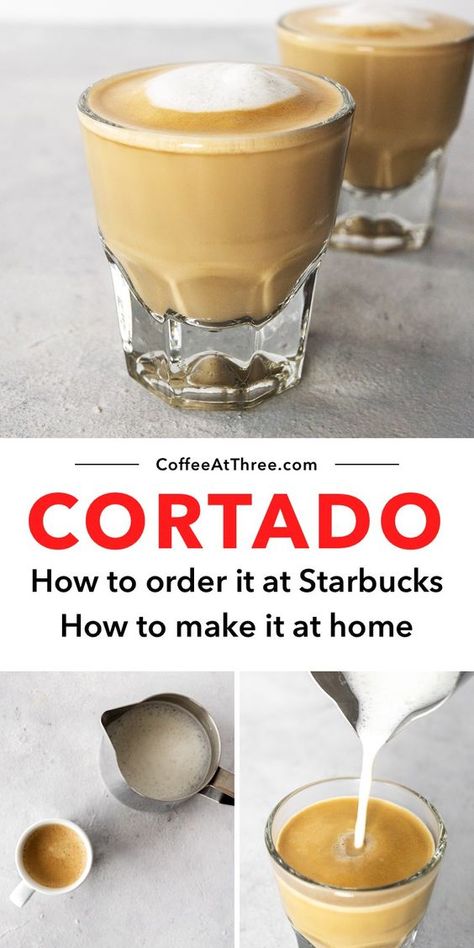 A cortado is an delicious blend of espresso and milk, and with this guide from Coffee At Three, you can enjoy a great one every time! This guide shows you how to order it at Starbucks, and how to make it yourself at home! This drink is also known as a gibralter, which is the name of the small cup in which many serve this espresso drink! #coffee #espresso #starbucks #cortado #guide #caffeine Cortado Recipe, Barista Recipe, Espresso Drink Recipes, Espresso Drink, Nespresso Recipes, Italian Drinks, Espresso Recipes, Drink At Home, Caffeine Drinks