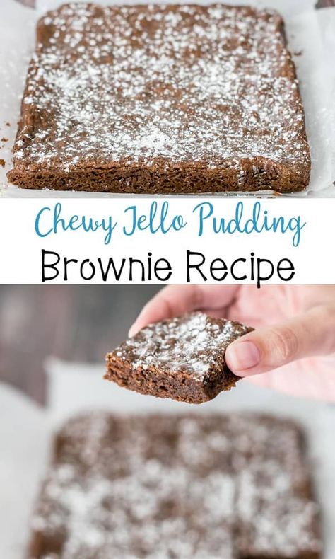 Chewy Jello Pudding Brownies!!! These are so good!!! It's one of my Grandma's recipes and a family favorite. #brownies #browniesrecipe #chocolate #chocolaterecipes #baking #grandma #grandmasrecipe #sweets #recipes Chocolate Pudding Brownies, Grandma Brownies, Chewy Brownie Recipe, Jello Pudding Desserts, Pudding Brownies, Chewy Brownies Recipe, Chocolate Pudding Desserts, Brownie Desserts Recipes, Simple Desserts