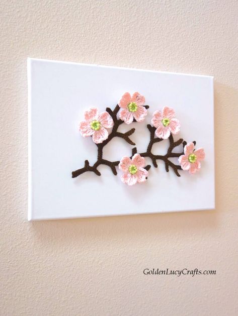 Crochet wall art - Dogwood branch Framed Crochet Art, Crochet Pictures Art, Crochet Wall Hanging Patterns, Canvas Crochet, Dogwood Branch, Crochet Projects To Sell, Wall Art Inspiration, Diy Crochet Flowers, Crochet Wall Hanging