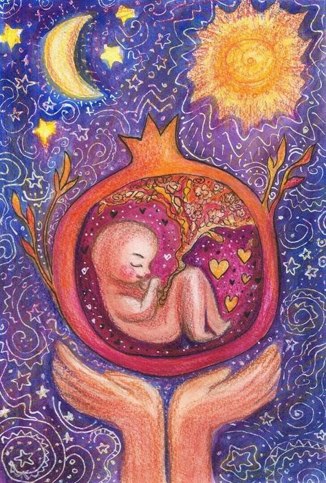 Unconditional Love Spiritual, Pregnant Spiritual Art, Birth Art Paintings, Birth Illustration Art, Pregnant Illustration Art, Motherhood Spiritual, Painting Pregnant Woman, Pregnant Women Illustration, Sun And Moon In Love