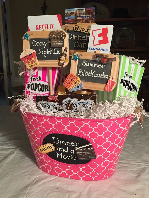 Dinner and a Movie Christmas Basket Ideas, Family Movie Night Gift, Date Night Basket, Movie Basket, Movie Basket Gift, Movie Night Basket, Gift Card Basket, Auction Gift Basket Ideas, Fundraiser Baskets