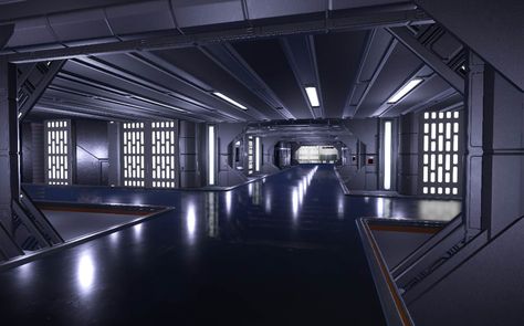 Star Wars Hallway, Star Wars Environment, Star Wars Man Cave, Ship Interior, Oc Story, Wallpaper Hallway, Movie Theater Rooms, Theater Rooms, Imperial Star Destroyers